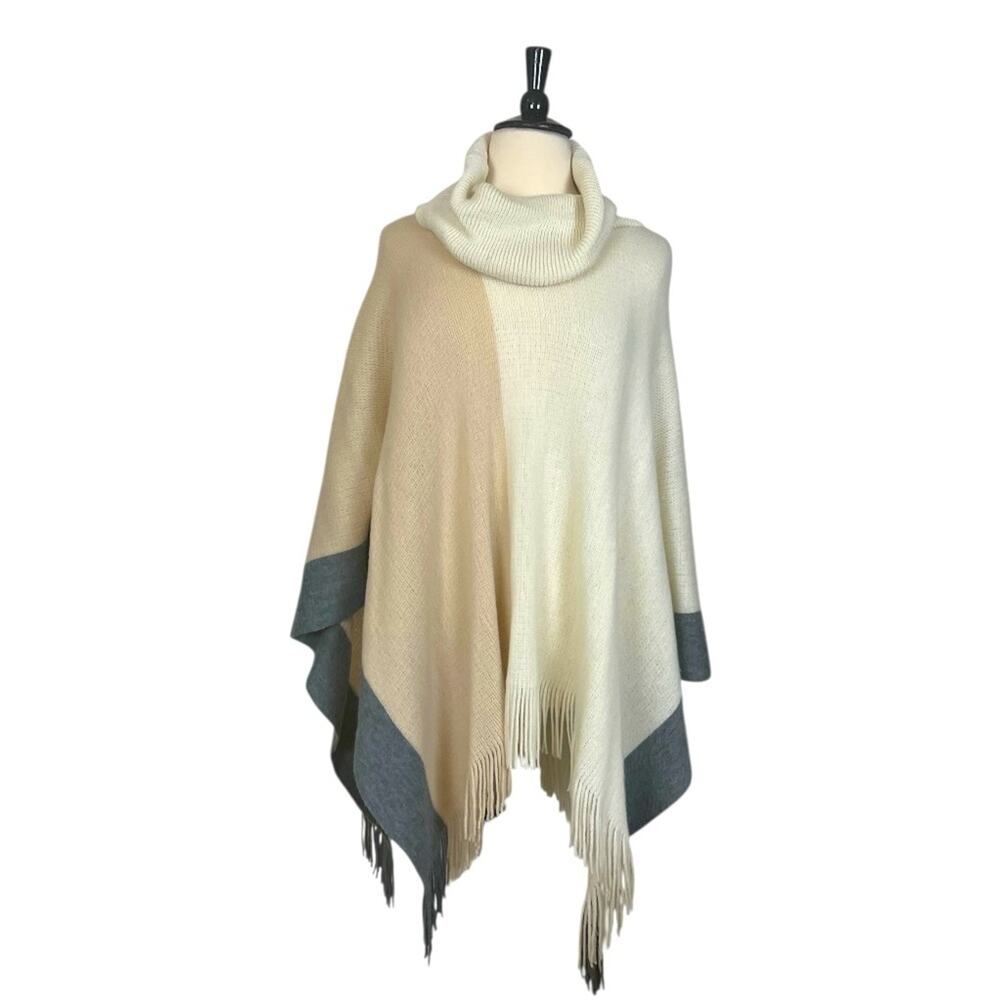 Sweater Cape Cowl Neck Fringe Hem Relaxed Cream Tan Gray Colorblock Women’s OS